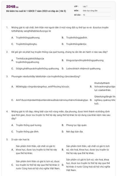 Đề kiểm tra cuối kì 1 GDCD 7 năm 2023 có đáp án ( Đề 5)