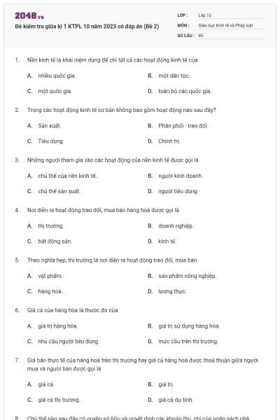 Đề kiểm tra giữa kì 1 KTPL 10 năm 2023 có đáp án (Đề 2)