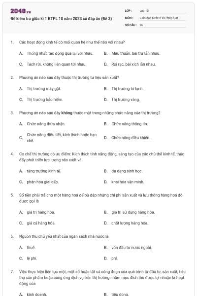 Đề kiểm tra giữa kì 1 KTPL 10 năm 2023 có đáp án (Đề 3)
