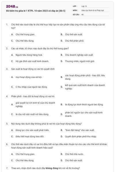 Đề kiểm tra giữa kì 1 KTPL 10 năm 2023 có đáp án (Đề 5)