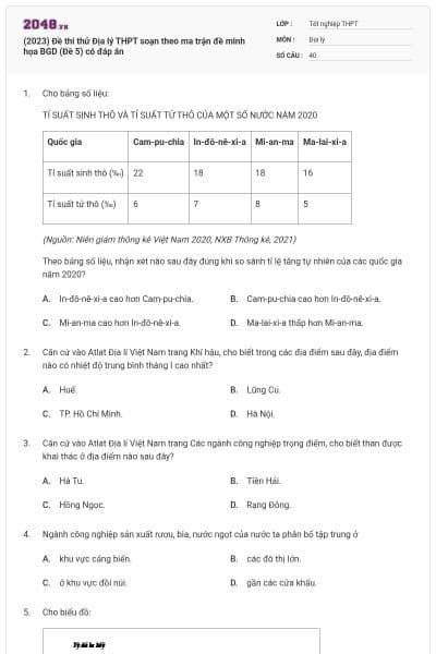 (2023) Đề thi thử Địa lý THPT soạn theo ma trận đề minh họa BGD (Đề 5) có đáp án