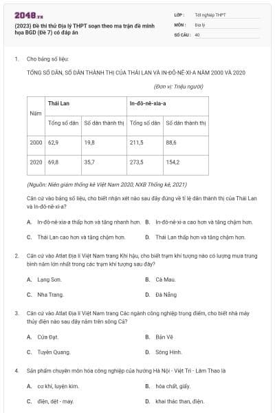 (2023) Đề thi thử Địa lý THPT soạn theo ma trận đề minh họa BGD (Đề 7) có đáp án