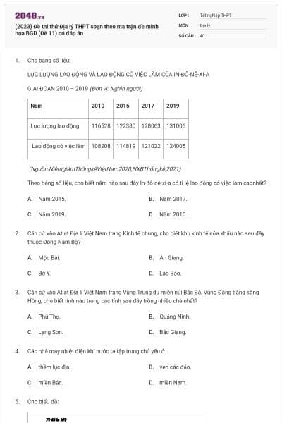 (2023) Đề thi thử Địa lý THPT soạn theo ma trận đề minh họa BGD (Đề 11) có đáp án