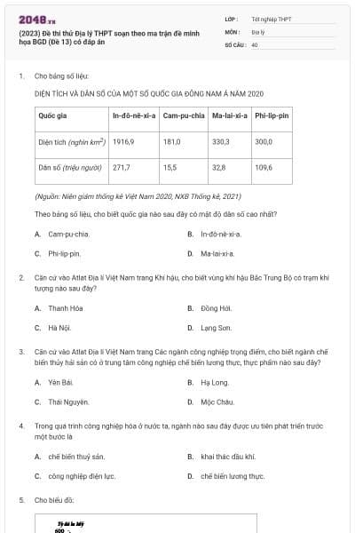 (2023) Đề thi thử Địa lý THPT soạn theo ma trận đề minh họa BGD (Đề 13) có đáp án