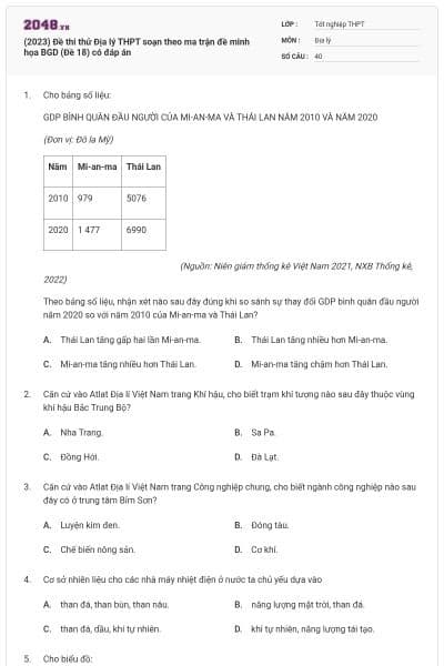 (2023) Đề thi thử Địa lý THPT soạn theo ma trận đề minh họa BGD (Đề 18) có đáp án