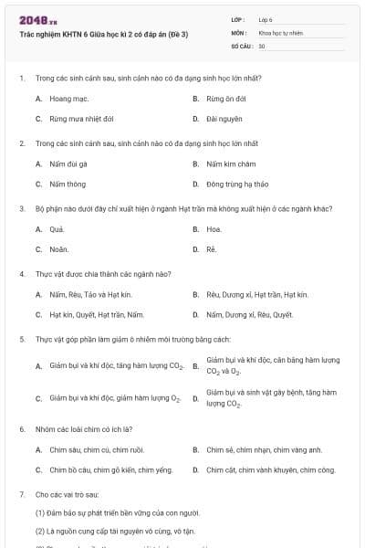 Trắc nghiệm KHTN 6 Giữa học kì 2 có đáp án (Đề 3)