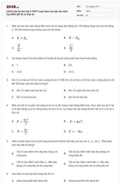 (2023) Đề thi thử Vật lí THPT soạn theo ma trận đề minh họa BGD (Đề 8) có đáp án