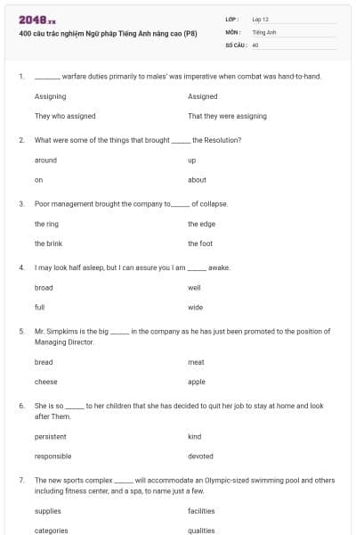 400 câu trắc nghiệm Ngữ pháp Tiếng Anh nâng cao (P8)