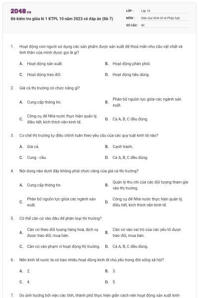 Đề kiểm tra giữa kì 1 KTPL 10 năm 2023 có đáp án (Đề 7)