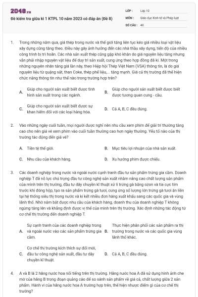 Đề kiểm tra giữa kì 1 KTPL 10 năm 2023 có đáp án (Đề 8)