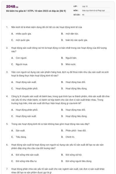 Đề kiểm tra giữa kì 1 KTPL 10 năm 2023 có đáp án (Đề 9)