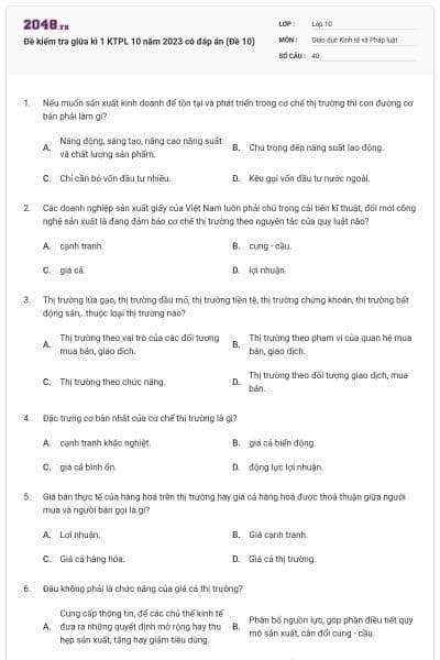 Đề kiểm tra giữa kì 1 KTPL 10 năm 2023 có đáp án (Đề 10)