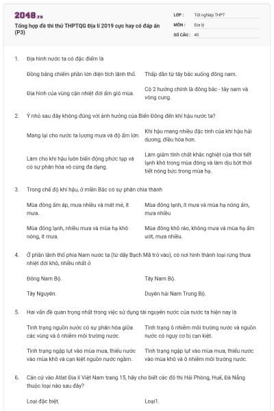 Tổng hợp đề thi thử THPTQG Địa lí 2019 cực hay có đáp án (P3)