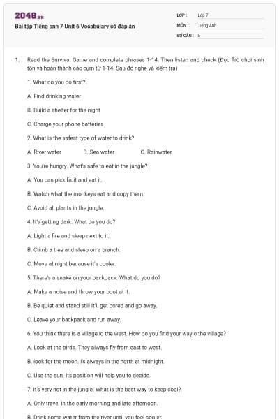 Bài tập Tiếng anh 7 Unit 6 Vocabulary có đáp án