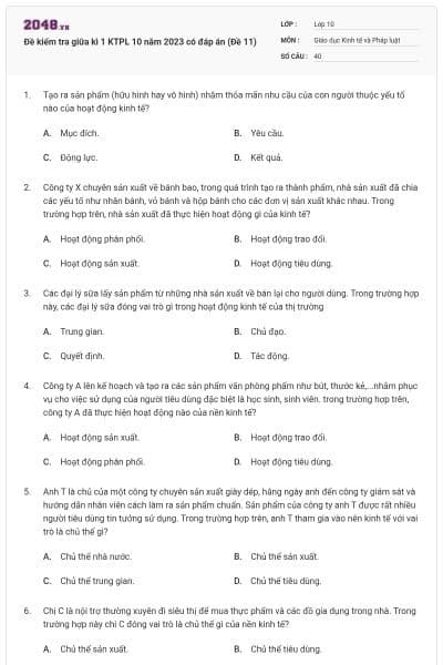 Đề kiểm tra giữa kì 1 KTPL 10 năm 2023 có đáp án (Đề 11)