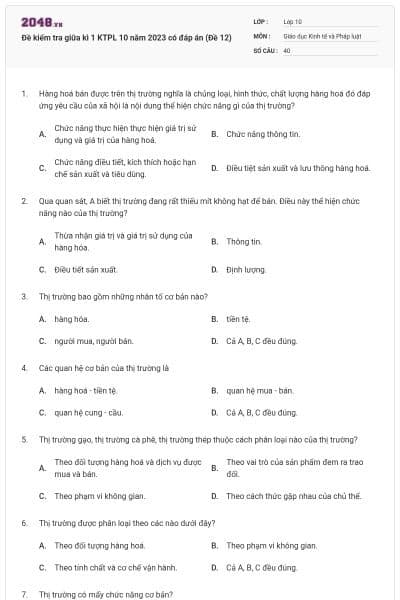 Đề kiểm tra giữa kì 1 KTPL 10 năm 2023 có đáp án (Đề 12)