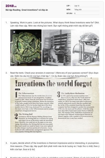 Bài tập Reading. Great inventions? có đáp án