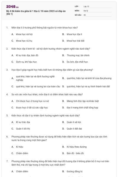 Bộ 4 Đề kiểm tra giữa kì 1 Địa Lí 10 năm 2023 có đáp án (Đề 1)