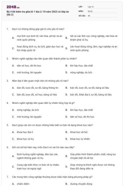 Bộ 4 Đề kiểm tra giữa kì 1 Địa Lí 10 năm 2023 có đáp án (Đề 2)