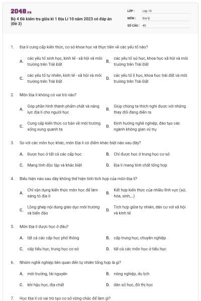 Bộ 4 Đề kiểm tra giữa kì 1 Địa Lí 10 năm 2023 có đáp án (Đề 3)