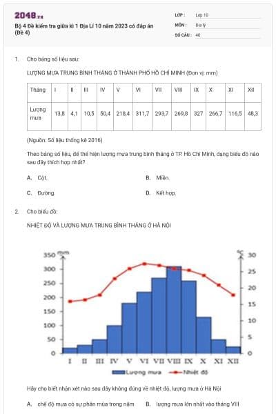 Bộ 4 Đề kiểm tra giữa kì 1 Địa Lí 10 năm 2023 có đáp án (Đề 4)