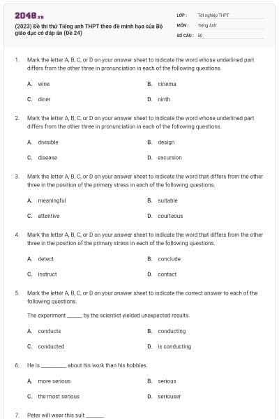 (2023) Đề thi thử Tiếng anh THPT theo đề minh họa của Bộ giáo dục có đáp án (Đề 24)