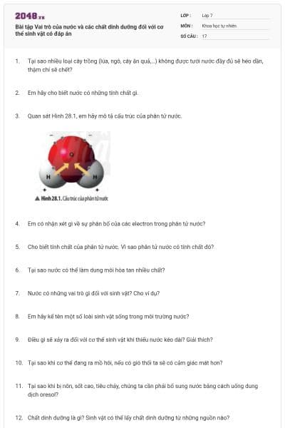 Bài tập Vai trò của nước và các chất dinh dưỡng đối với cơ thể sinh vật có đáp án