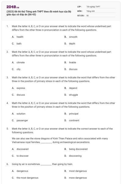 (2023) Đề thi thử Tiếng anh THPT theo đề minh họa của Bộ giáo dục có đáp án (Đề 43)