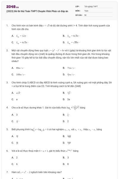(2023) Đề thi thử Toán THPT Chuyên Vĩnh Phúc có đáp án