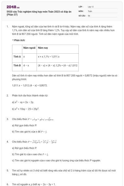 5920 câu Trắc nghiệm tổng hợp môn Toán 2023 có đáp án (Phần 37)