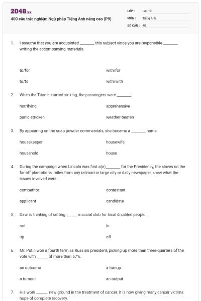 400 câu trắc nghiệm Ngữ pháp Tiếng Anh nâng cao (P9)