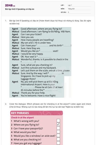 Bài tập Unit 8 Speaking có đáp án