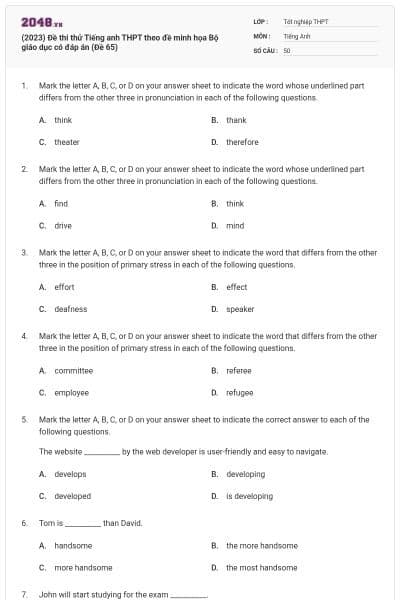 (2023) Đề thi thử Tiếng anh THPT theo đề minh họa Bộ giáo dục có đáp án (Đề 65)