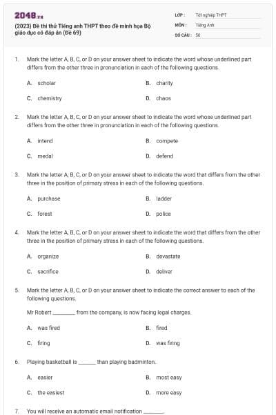 (2023) Đề thi thử Tiếng anh THPT theo đề minh họa Bộ giáo dục có đáp án (Đề 69)