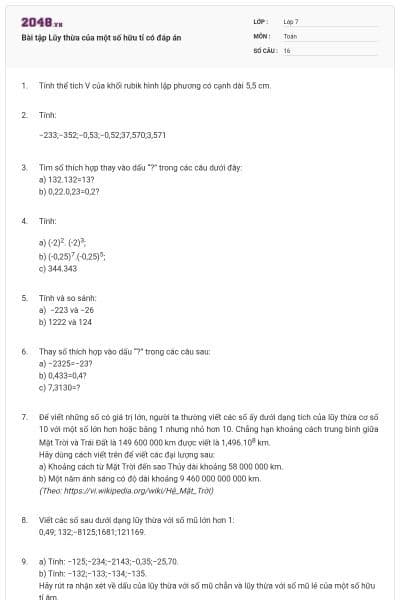 Bài tập Lũy thừa của một số hữu tỉ có đáp án