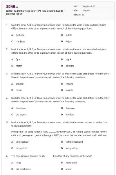 (2023) Đề thi thử Tiếng anh THPT theo đề minh họa Bộ giáo dục (Đề 78)