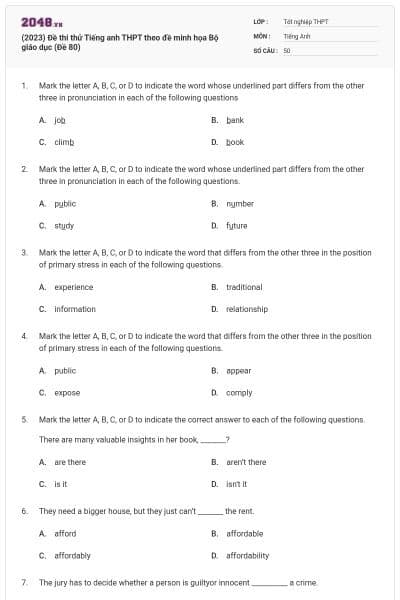 (2023) Đề thi thử Tiếng anh THPT theo đề minh họa Bộ giáo dục (Đề 80)