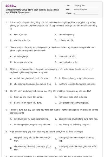 (2023) Đề thi thử GDCD THPT soạn theo ma trận đề minh họa BGD (Đề 3) có đáp án