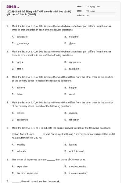 (2023) Đề thi thử Tiếng anh THPT theo đề minh họa của Bộ giáo dục có đáp án (Đề 88)