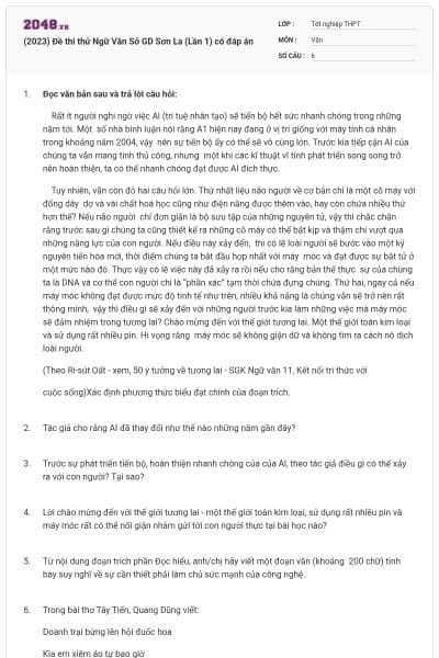 (2023) Đề thi thử Ngữ Văn Sở GD Sơn La (Lần 1) có đáp án