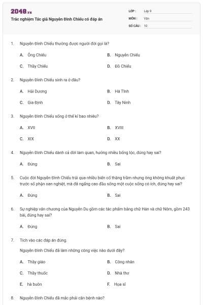 Trắc nghiệm Tác giả Nguyễn Đình Chiểu có đáp án