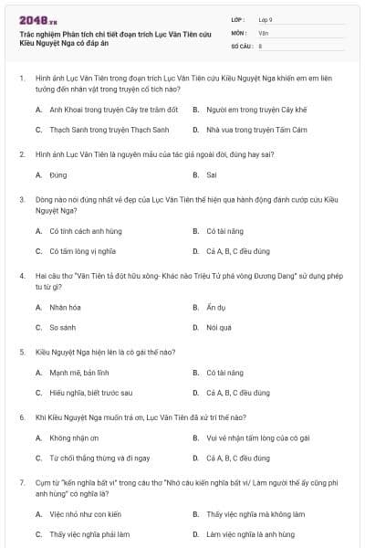 Trắc nghiệm Phân tích chi tiết đoạn trích Lục Vân Tiên cứu Kiều Nguyệt Nga có đáp án