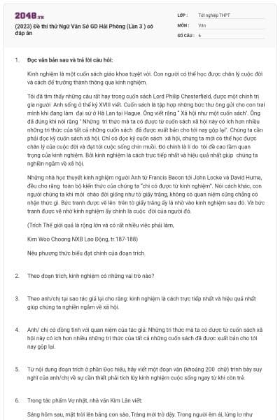 (2023) Đề thi thử Ngữ Văn Sở GD Hải Phòng (Lần 3 ) có đáp án