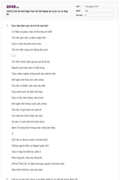 (2023) Đề thi thử Ngữ Văn Sở GD Nghệ An (Lần 3) có đáp án