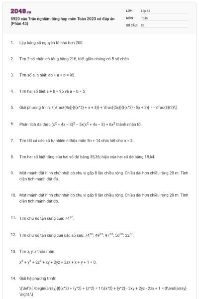 5920 câu Trắc nghiệm tổng hợp môn Toán 2023 có đáp án (Phần 43)