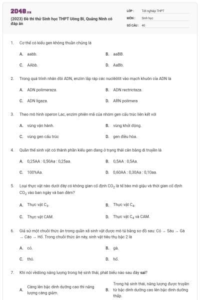 (2023) Đề thi thử Sinh học THPT Uông Bí, Quảng Ninh có đáp án