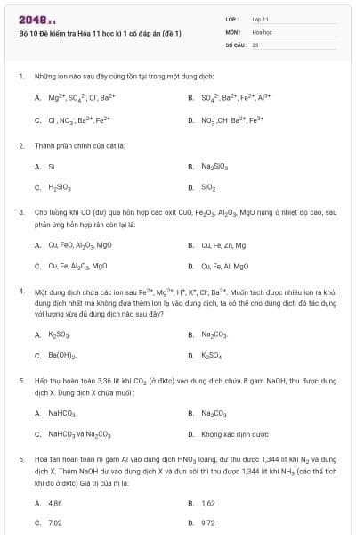 Bộ 10 Đề kiểm tra Hóa 11 học kì 1 có đáp án (đề 1)