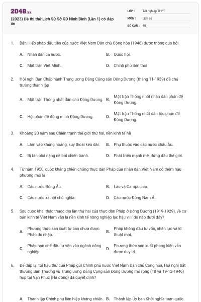 (2023) Đề thi thử Lịch Sử Sở GD Ninh Bình (Lần 1) có đáp án