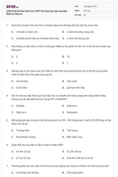 (2023) Đề thi thử Sinh học THPT Sở Giaó dục đào tạo Bắc Ninh có đáp án