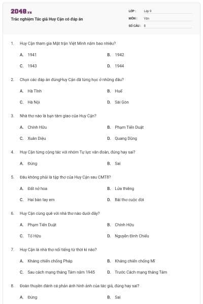 Trắc nghiệm Tác giả Huy Cận có đáp án